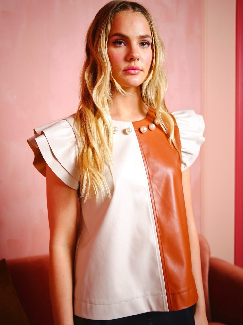 NWT: Leather-Panel Ruffle Sleeve Top in Cream and Brown Texas Gameday